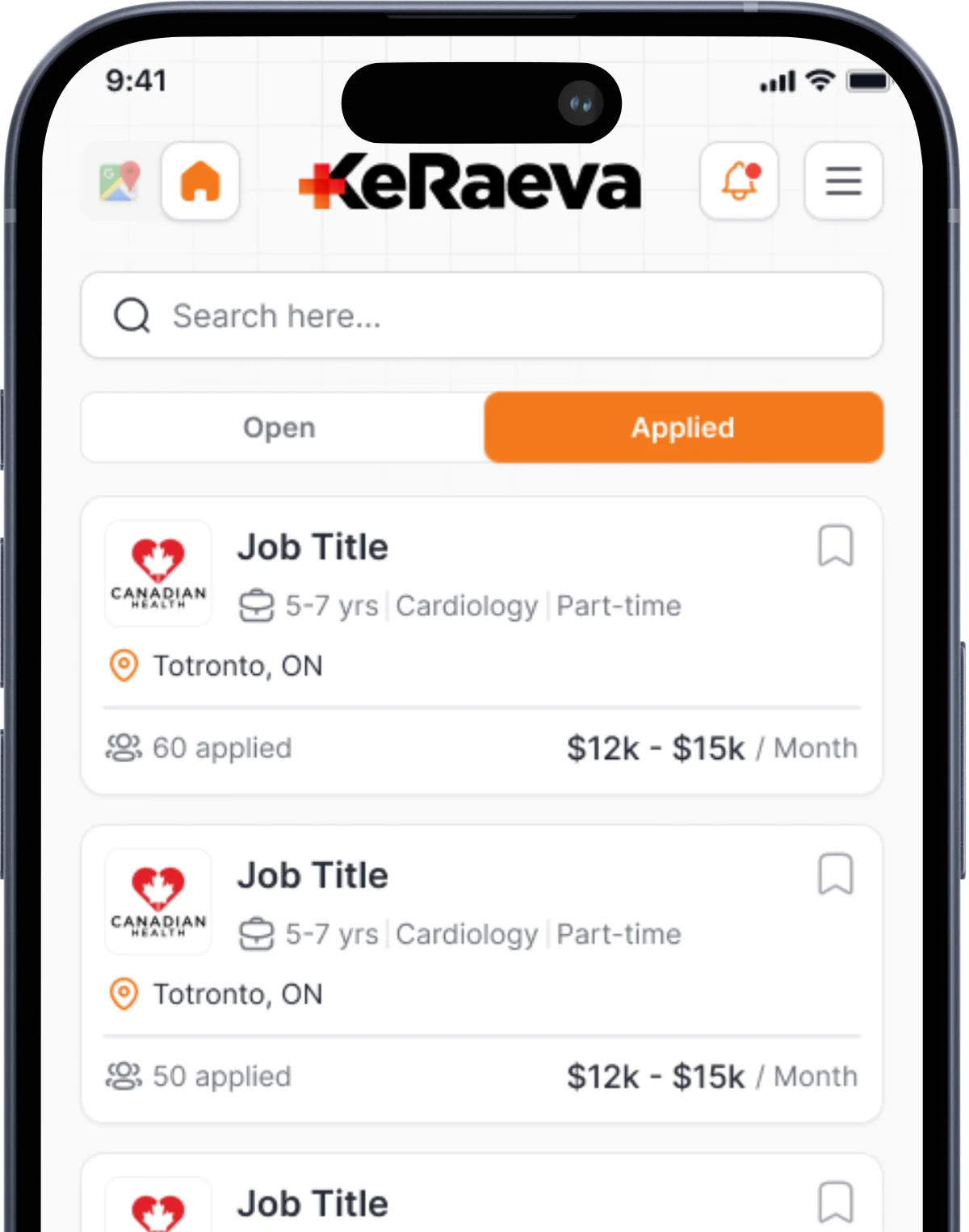 Mobile app showing job search interface