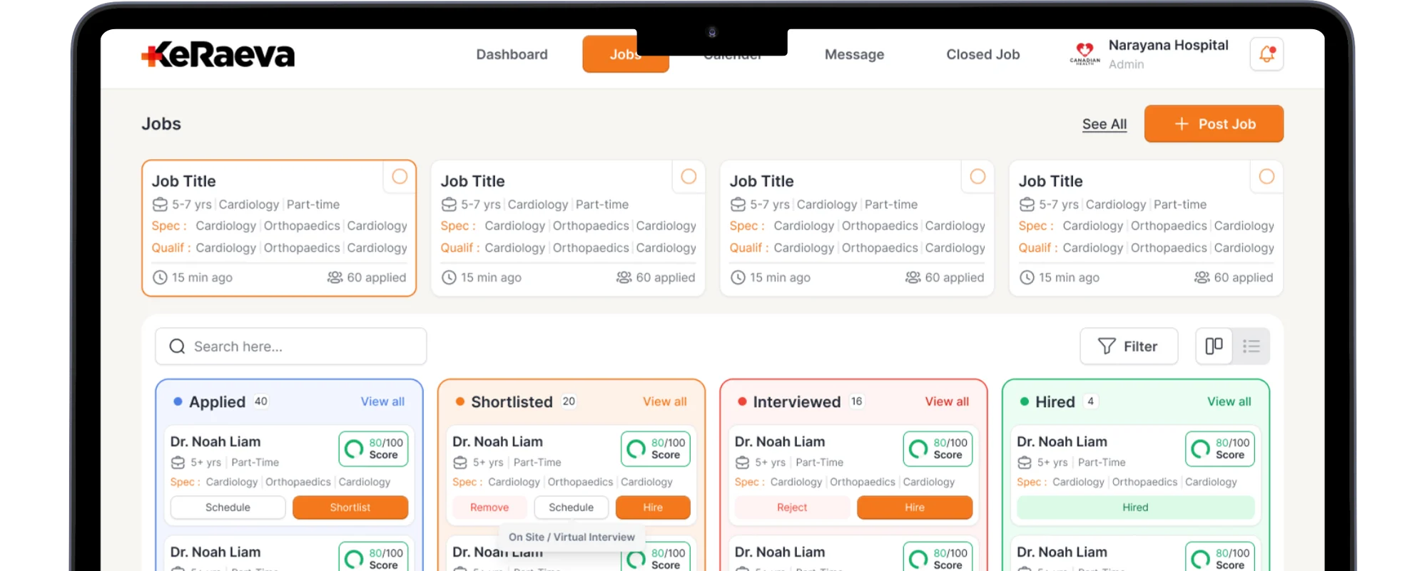 KeRaeva recruiter dashboard showing open jobs and a candidate pipeline