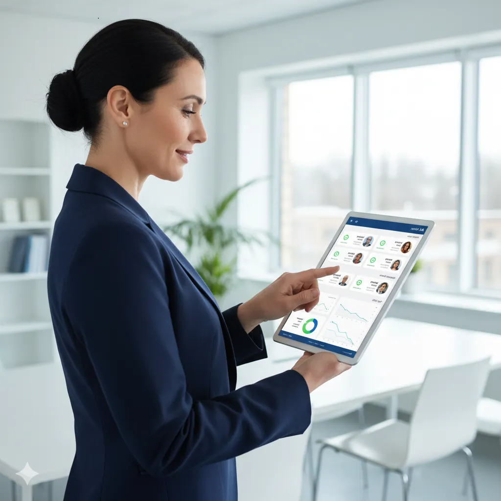 A healthcare manager reviewing a staffing dashboard on a tablet